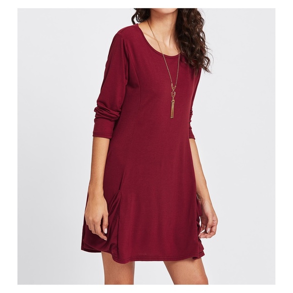 Burgundy Red Long Sleeve Side Pockets Shift Dress - Picture 5 of 6